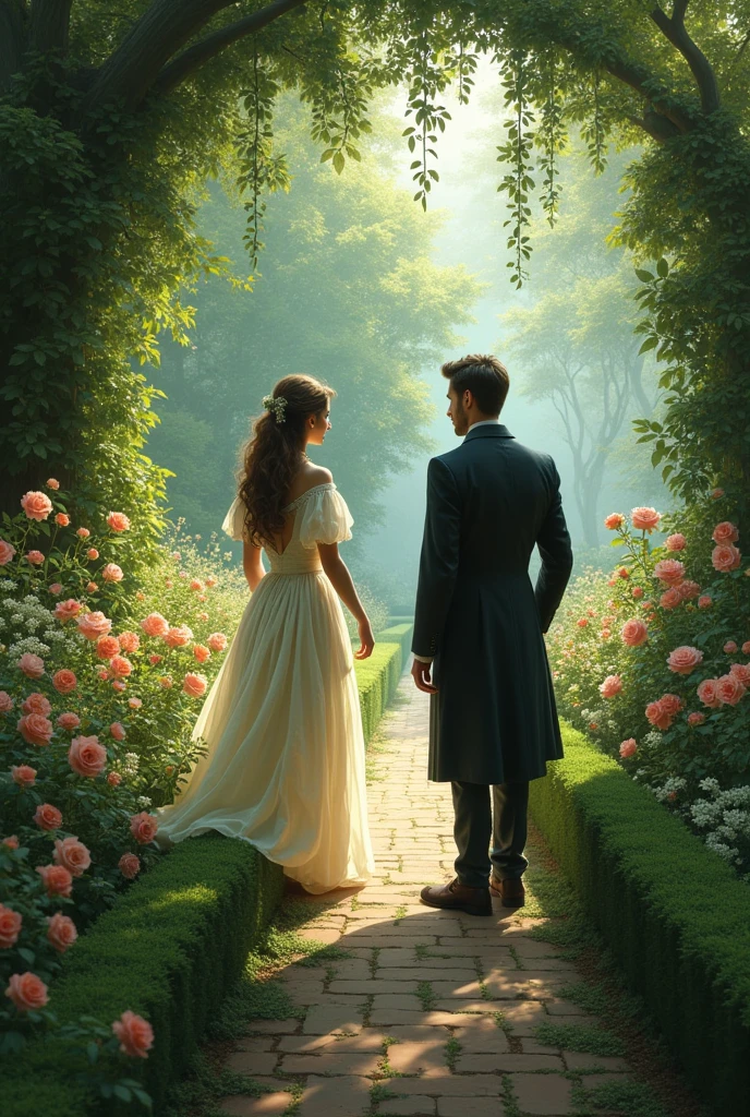 Panel 5:
(Jake finds himself in a Victorian-era garden. Lily, a beautiful woman in a long dress, is walking alone among the flowers. Jake sees her and approaches.)
Text:
Jake approached Lily, staring at her in amazement. "Are you... Lily?" Jake asked, unable to believe it.
Dialogue (Lily):
Lily turned in surprise and said: "How do you know my name? I have been waiting... who are you?"