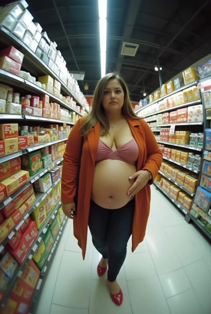 Your eye view POV is shopping with your pregnant plus size stepmother with a big belly at a supermarket.. fisheye camera view, iphone camera style. 8k hd, realface, cinematic