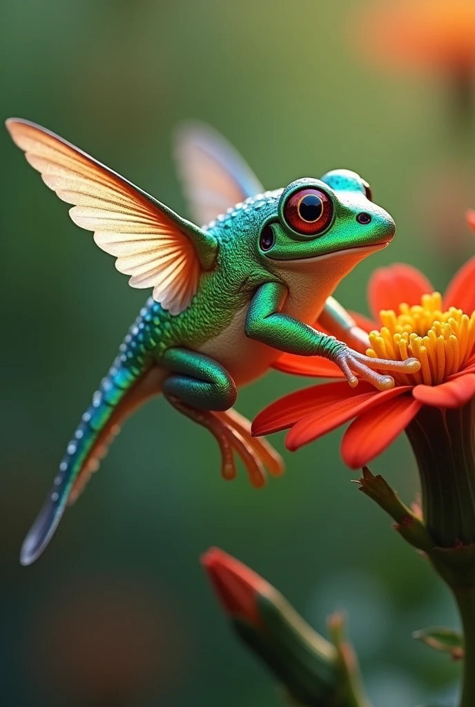 Hummingbird-Frog Fusion: Picture a small, vibrant creature with the iridescent feathers of a hummingbird and the smooth, colorful skin of a frog. It flits between flowers, with its tiny wings fluttering rapidly.