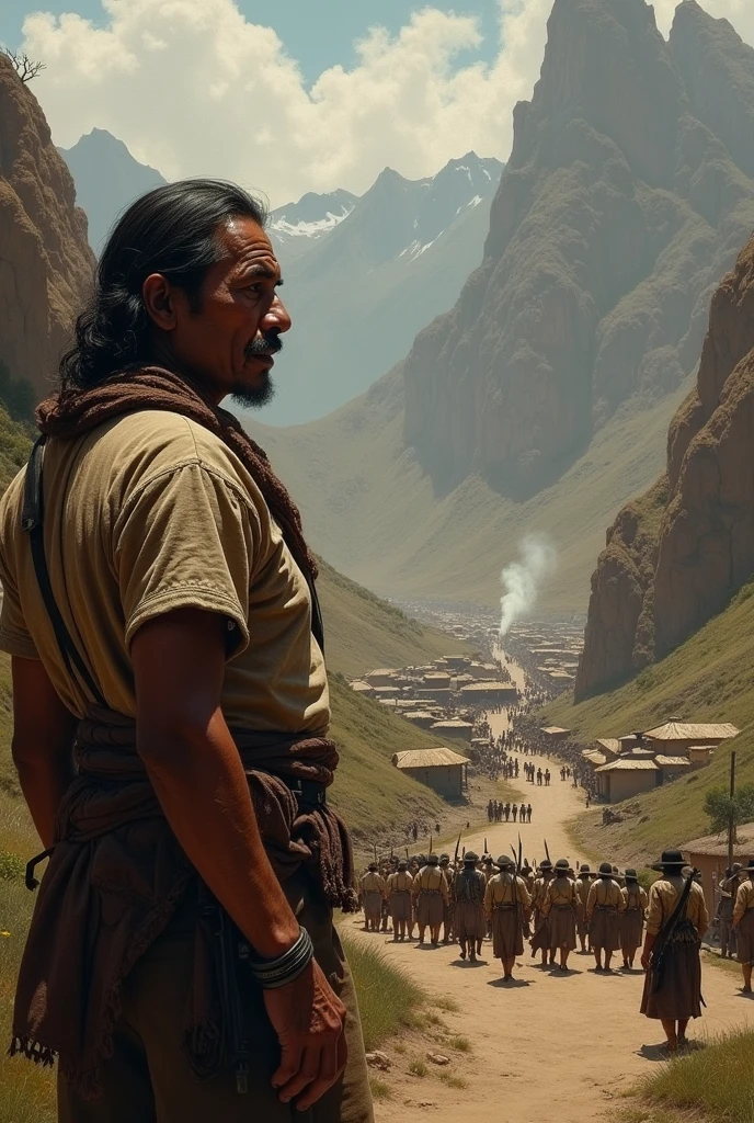 an image where Tupac Amaru sees how the settlers mistreat the indigenous people