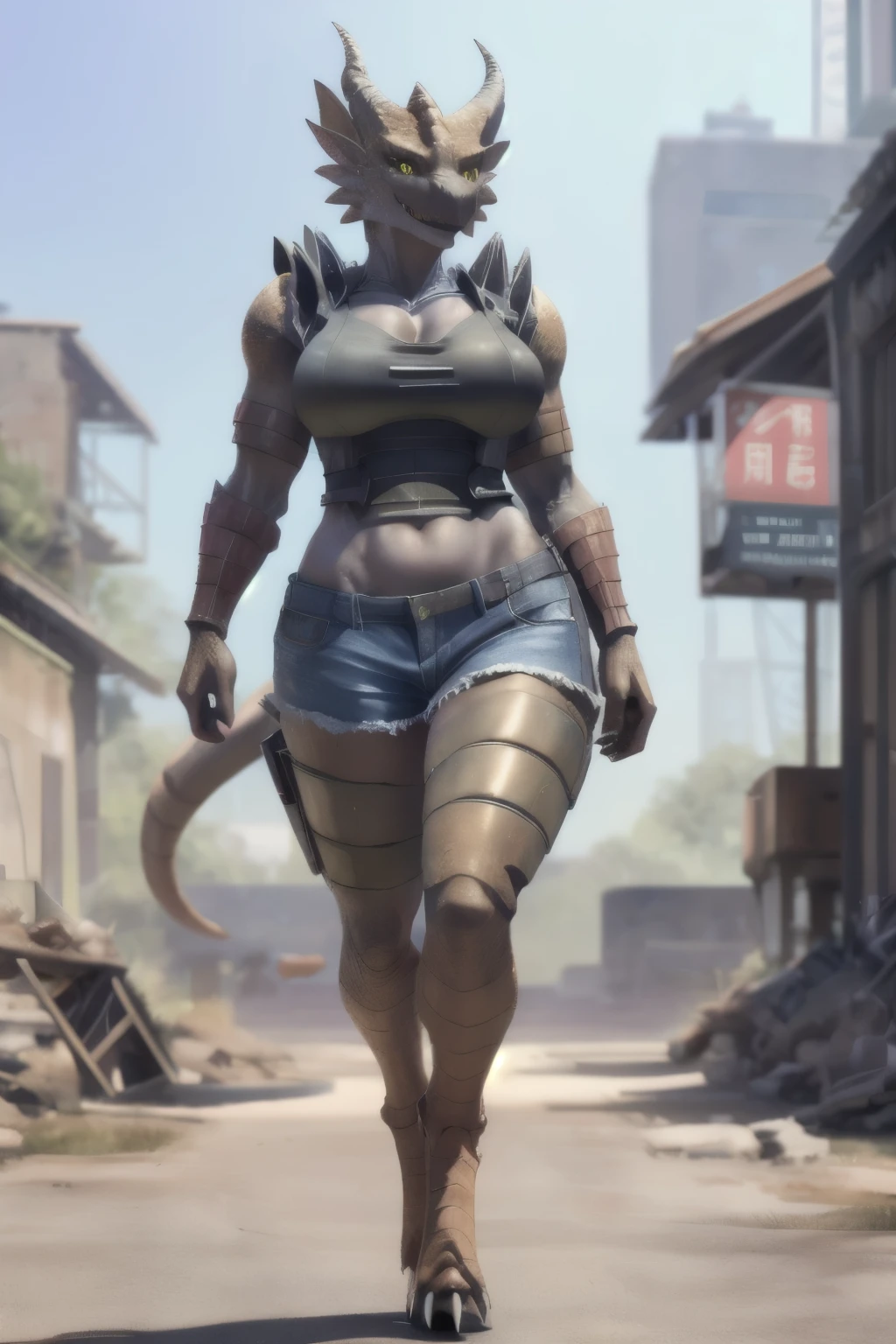 (4k), (best quality, 8k, highres, masterpiece:1.2), ultra-detailed, (realistic, photorealistic, photo-realistic:1.37), (beautiful detailed eyes, beautiful detailed lips, extremely detailed eyes and face, long eyelashes), 1girl, anthro reptile girl, green scaled skin, gold eyes, black lips, black horns, black ram horns, athletic body, smiling, walking in a ruined city, holding a rusty gun, wearing bodyarmor, bulletproof vest, blue jean shorts and a blue tank top, intimidating woman, monstergirl, commission for high res, female dragonborn, well designed female dragon head, anthro lizard, female fursona, (diamond pupils), (large eyes), kemono style, score_9, score_8_up, score_7_up