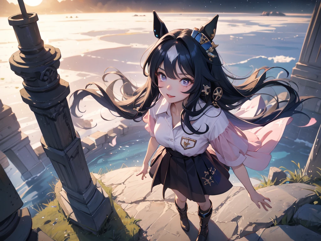 Masterpiece, high quality, 4K, HDR、shoot from above。Chest centered。Cool horse ears beauty、smile。Brown Eyes、Pink Lipstick、Red glasses、Glamorous Body。Shoulder less、Show the hem of your clothes、Blue polo shirt、pats、sports boots。Bend your knees and stretch、Place your hands on your chest and waist。Moonlit Night、Starry Sky、ruins。