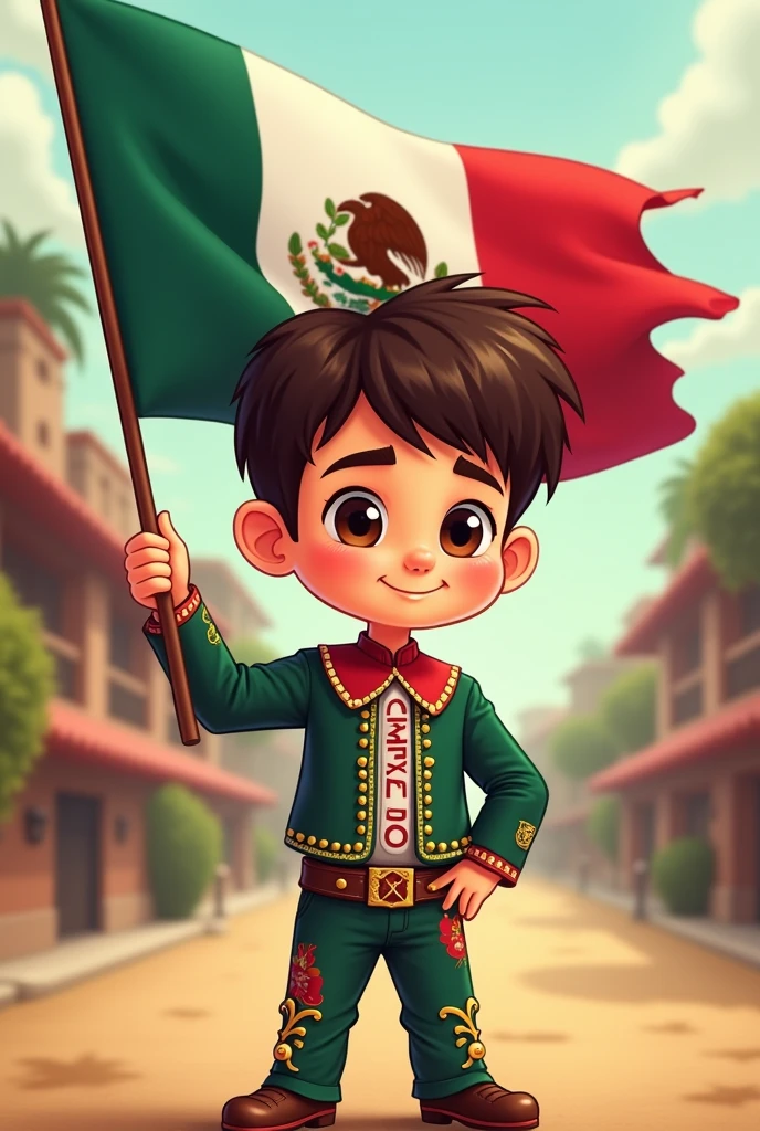 a cartoon,boy with short side hair,medium brown, charro dress that says the name "Armando" In uppercase,referring to the independence of Mexico,with his hand holding the Mexican flag