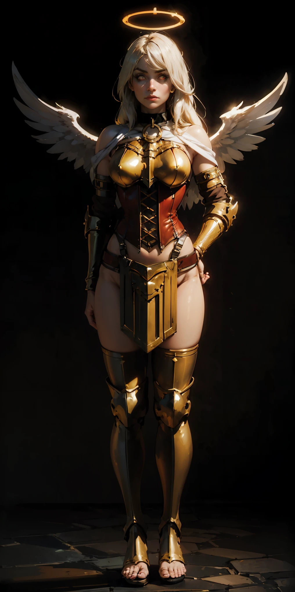 (Black background) paladin lady in ornate golden armor, long platinum blonde hair, choppy bangs, arched crescent eyebrows, sharp and determined eyes, a delicate oval face, a serious expression, black collar, pauldrons, breastplate, leather corset, glowing halo, red glowing eyes, bright pupils, eye focus, red cape (full body, whole body, 1solo girl) loincloth standing, hands on hips, metal sandals, leather choker, big belt, view from below, feet together, bracers, tiara, feathers angel wings