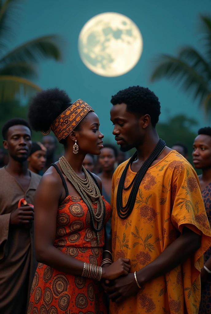 An image of an african beautiful lady of about 28years dressed in igbo native igbo attire with beads and a handsome young igbo man of about 35years having a traditional marriage with the gathering of villagers under the full moon