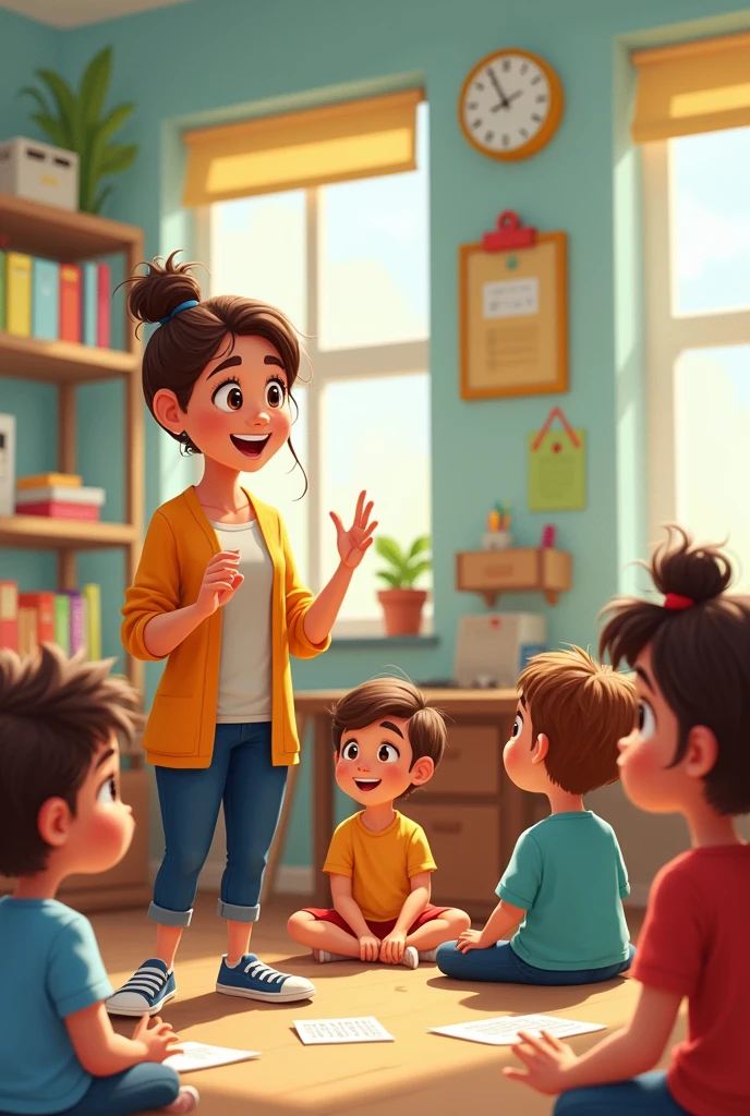 Generate an image for me where an early childhood education teacher is telling a story or tale with emphasis on syllables:
   - The teacher tells a short story or reads a tale where key words are highlighted and divided into syllables.. As you read, The teacher pauses at important words to divide them and count the syllables together with the children.. This helps contextualize the concept of syllables within a story..