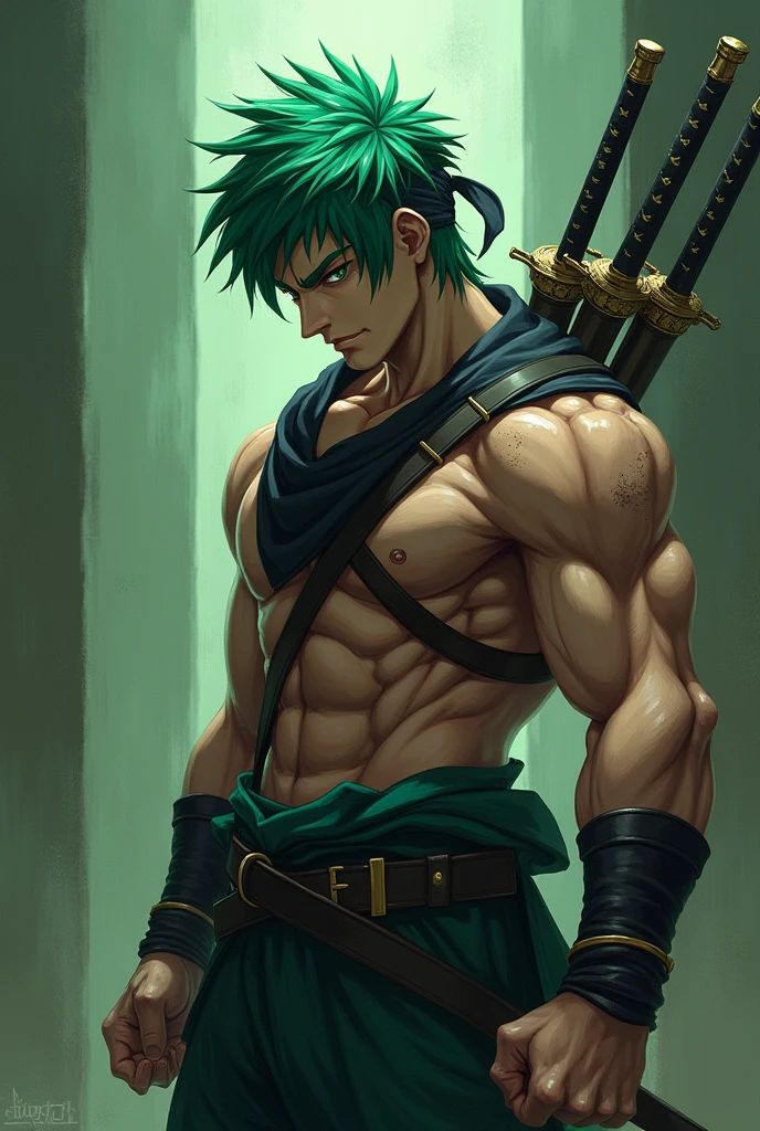 A detailed, muscular man with green hair, black bandana, and three swords, 1 man, anime style, character portrait, highly detailed, intricate details, hyperrealistic, dramatic lighting, cinematic, digital painting, vibrant colors, moody atmosphere, dynamic pose
