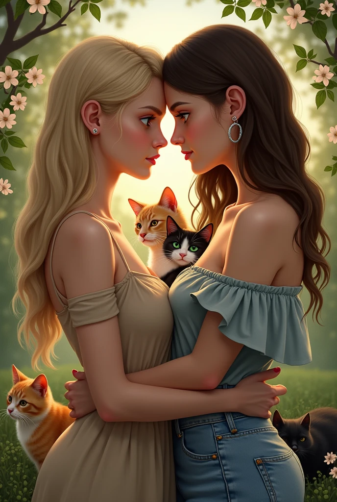 I'm writing a lesbian novel where the elder one in the lead couple is feminine but not so feminine she's 25 and 5'8" tall wears not so feminine clothes has long silky blonde hair with sea blue eyes and the younger one has dar brown short boy cut hair. She is 18 masculine wears stylish masculine clothes and has emerald green eyes she's around 6'2" tall. My novel title is WOVEN TOGETHER.
I don't the cover picture to be in a home scenario
So I want my cover to be something romantic a homely and a little realistic and they both have cats an orange boy and a black and white girl cat. I want you to make a little realistic cover picture for me