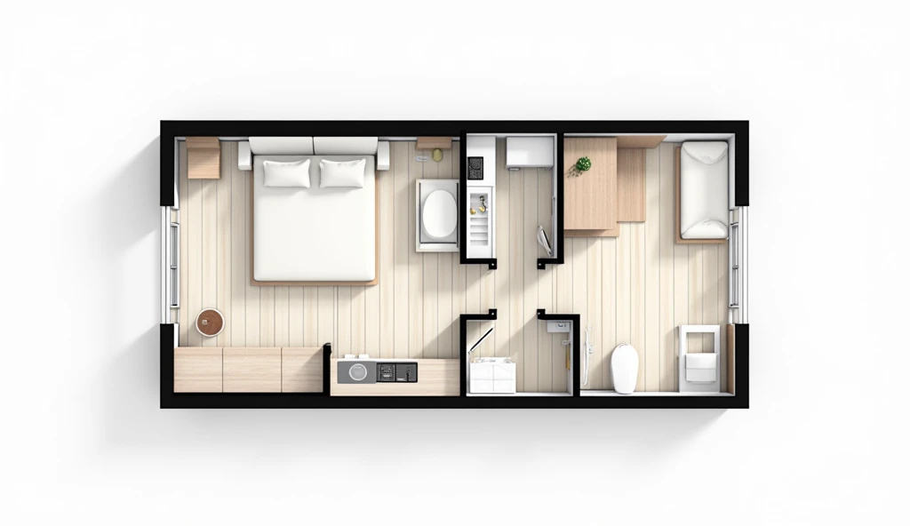 Create a floor plan for a small house with a size of 8m x 3.2m. The house should include a living room/working area (2m x 3.2m), a dining room/kitchen (2m x 3.2m), a bedroom (4m x 3.2m), and a bathroom inside the bedroom (0.5m x 3.2m).