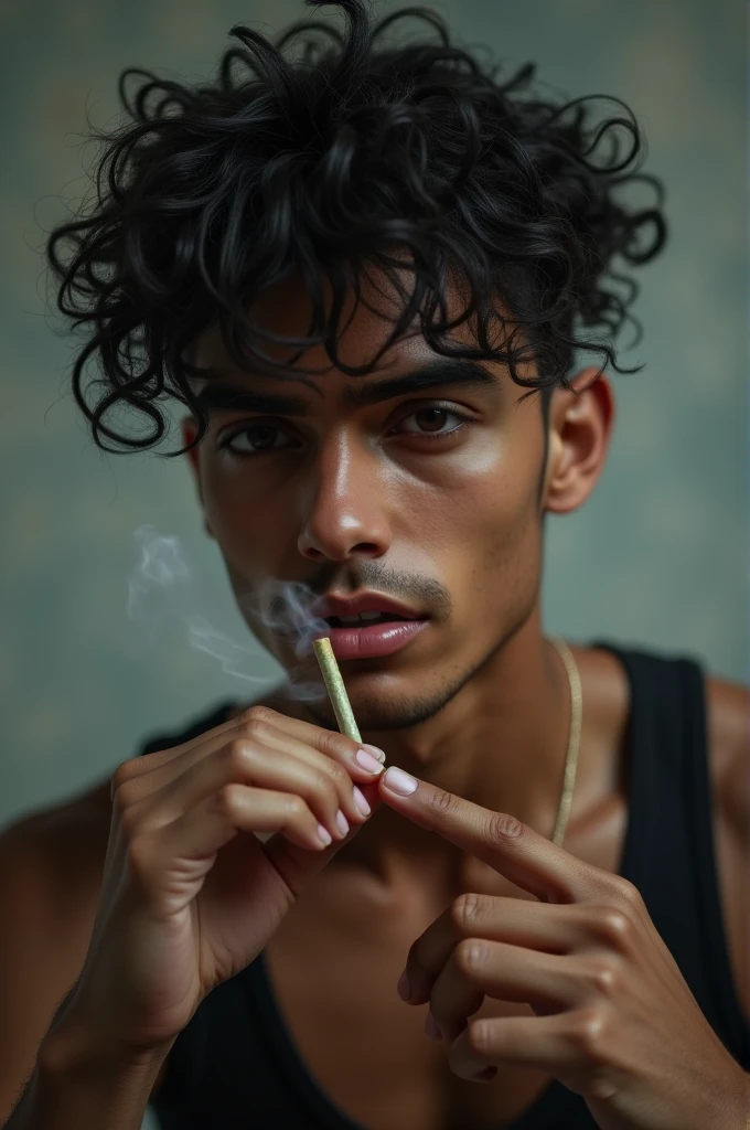 Young man using marijuana with his face full of smoke in the Bermuda favela