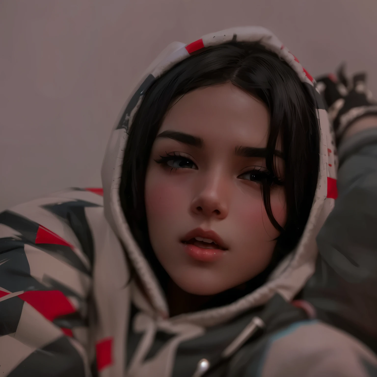 anime girl , Black hair, black eyes, white skin , Hoodie with its own hat