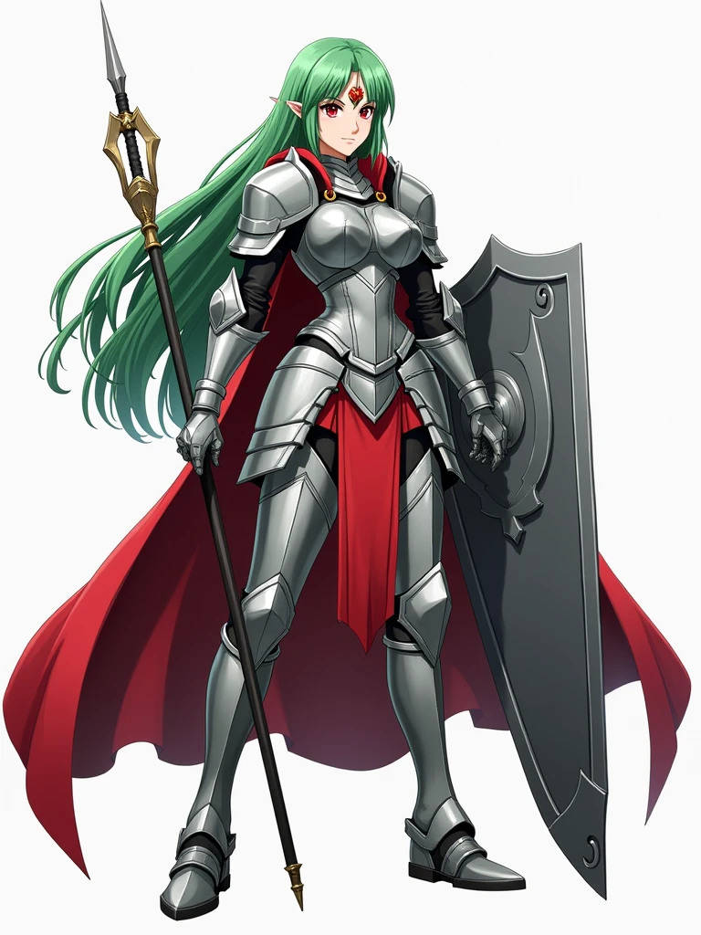 anime style, full body, a single 3 woman, strong, long green hair, small tiara with a feather shape on her head, wearing heavy armor, silver armor with small red details, red cape, red eyes, greaves and plates covering her body, holding a spear and tower shield.