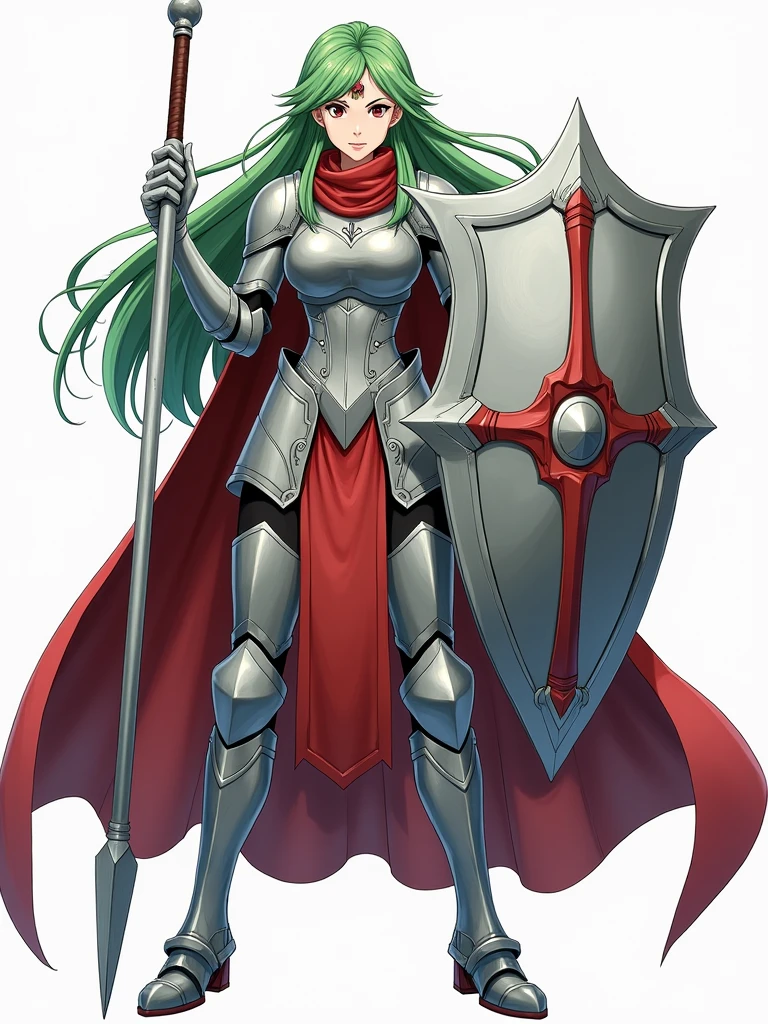anime style, full body, a single 3 woman, strong, long green hair, small tiara with a feather shape on her head, wearing heavy armor, silver armor with small red details, red cape, red eyes, greaves and plates covering her body, holding a spear and tower shield.