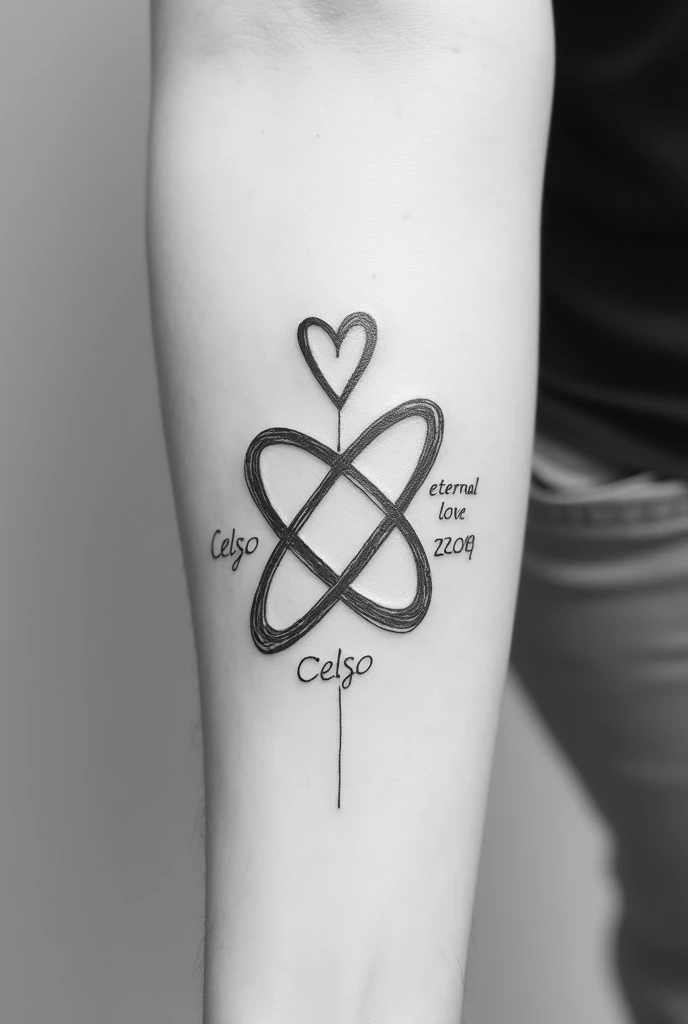 A minimalist black and white tattoo design, an infinity symbol with a heart in the middle forming part of the line and on one side of the symbol forming part of the line the name Celso within the line of the symbol and on the other the name eternal love with beautiful drawn letters In Portuguese 