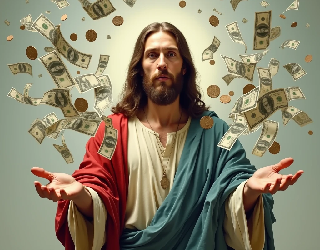 We need an image of Jesus blowing money with his hands.