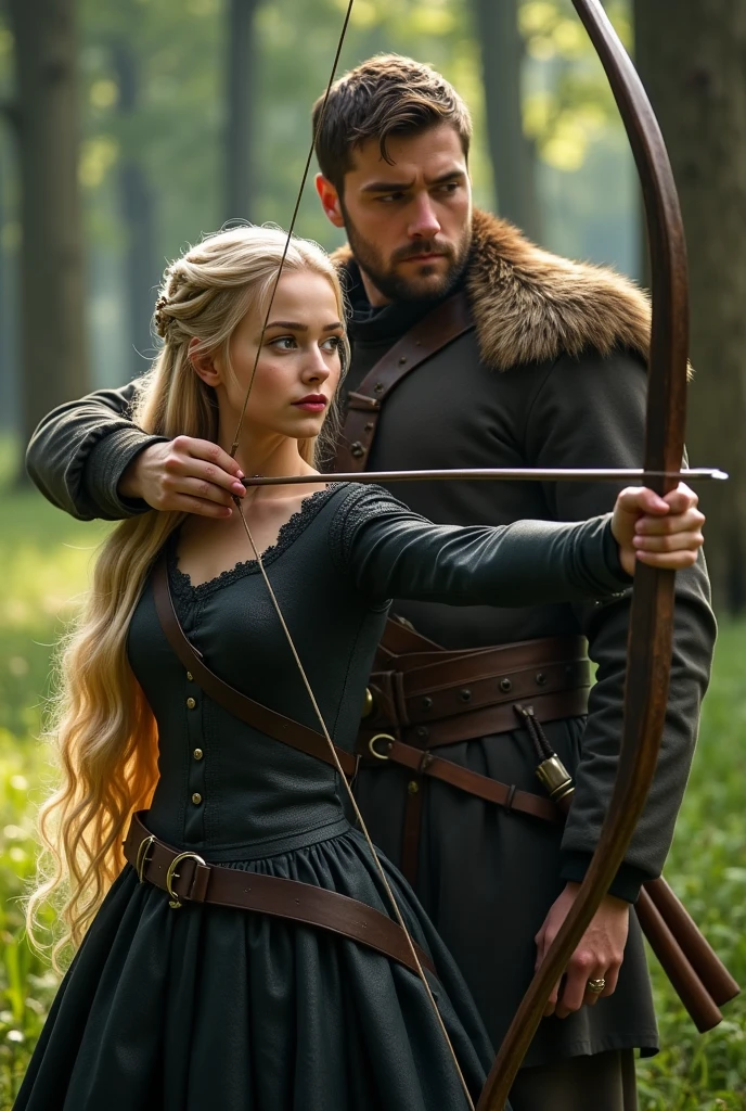 uma mulher de 20 anos, blonde hair golden strands, angelica face, dressed in Sansa Stark style dark clothes, behind her a man of 1.80 meters, stark, John Snow style dress, short-hair, helping her shoot a bow and arrow in a field with forest around