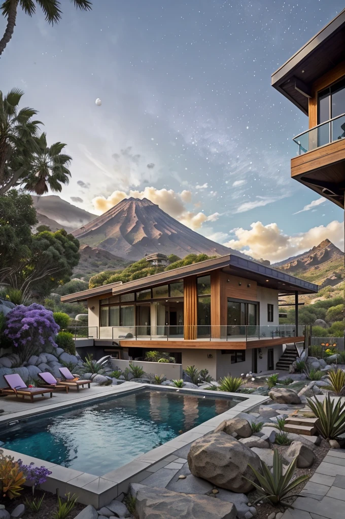 small and beautiful modern house in top of big boulders, terraces, pool, stairs, multiple cacti gardens, palms, trees, rocks, beautiful landscape design, mountains and volcano y background, amazing clouds, sun, moon, planets, milky way galaxy, concrete, wood, glass and steel materials, olive green, violet, orange and withe colors in facade
