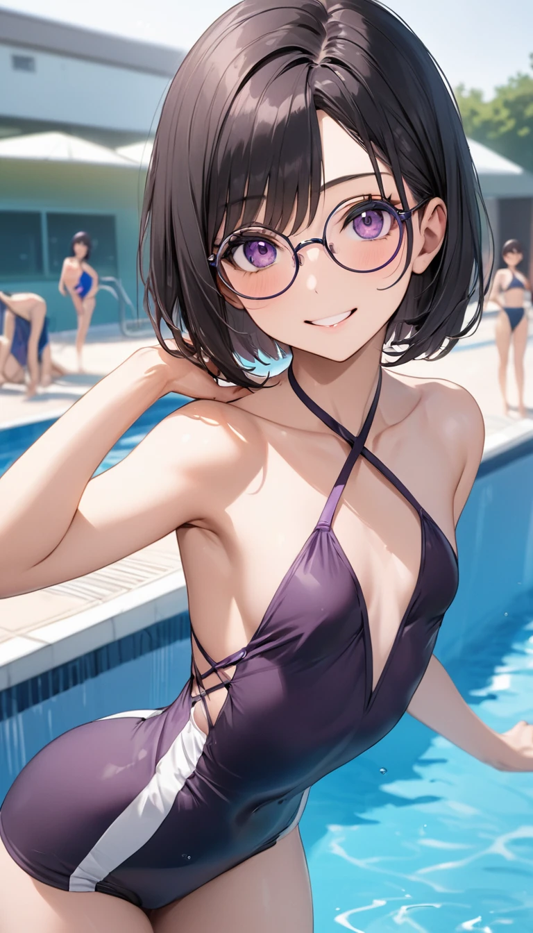Highest quality、Best image quality、masterpiece、独奏, a girl、Beautiful Eyes、black hair, purple eyes、Short bob cut、(sideburns), middle part, (flat chest)、slender、Tight waist、Round Glasses、Beautiful Face、Natural smile、red cheek、cross halter, At the school pool、sexy pose, bewitching pose, Model Pose, dynamic angle