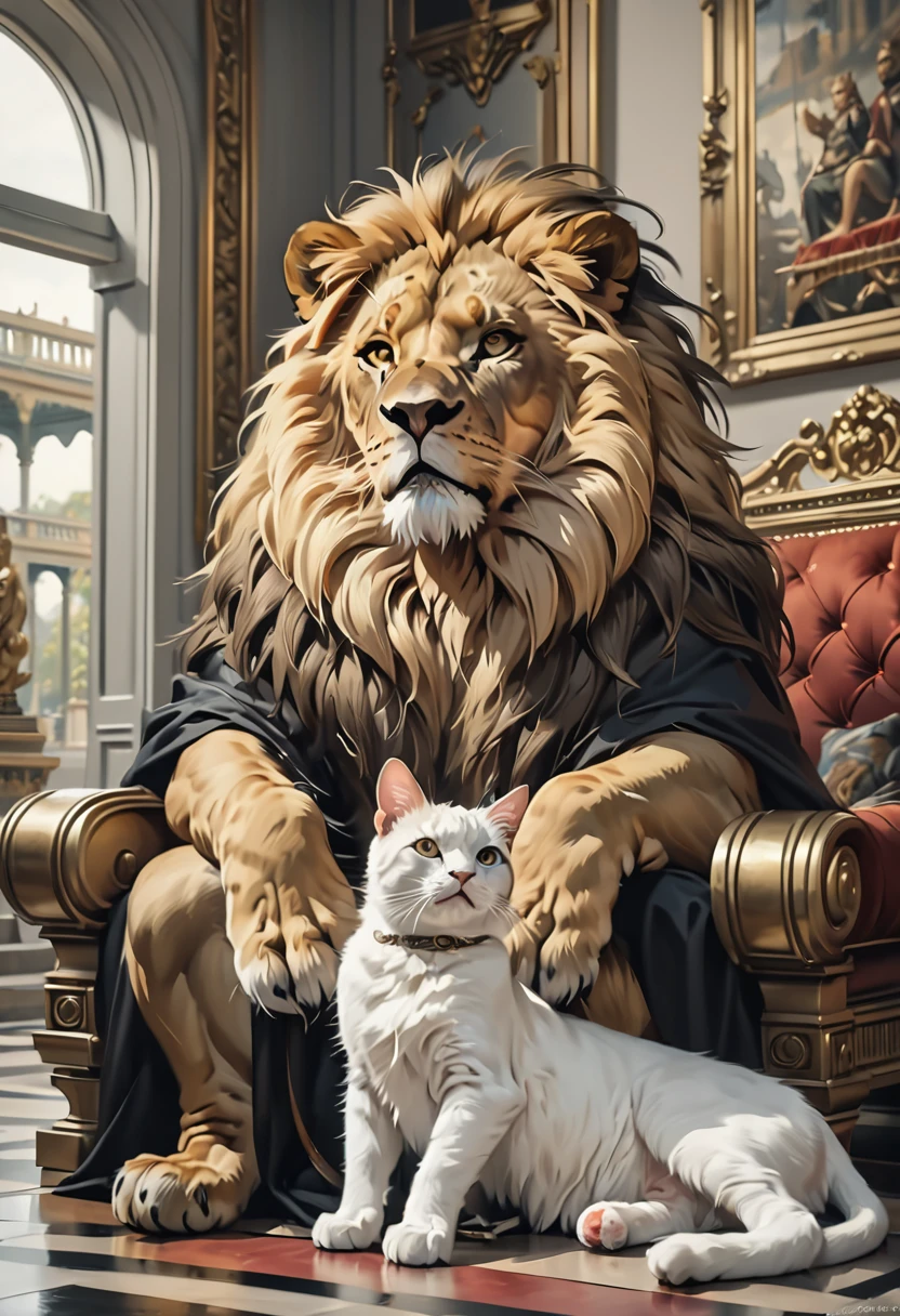 a majestic lion king sitting on his throne, two comical cats sitting beside him, palace interior, blurred background, muted color palette, oil painting, brushstroke art style, (best quality,4k,8k,highres,masterpiece:1.2),ultra-detailed,(realistic,photorealistic,photo-realistic:1.37),HDR,UHD,vivid colors