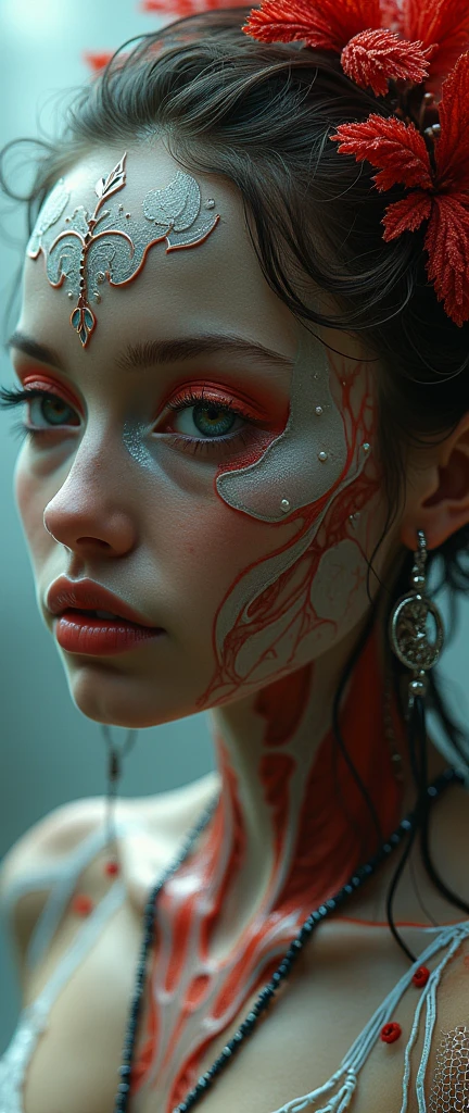 (The best quality,4k,8k,High Resolutions,masterpiece:1.2),ultra detailed,(realist,fotorrealist,fotorrealist:1.37),portrait,science, Beautiful woman Angel of Death, Biomechanical robot, 150mm dummy lens, beautiful soft edge natural light, neon veins, roots, delicate leaf lace, Colorful details, Boris Bidjan Saberi costume, Pearl earrings, piercings, art nouveau fashion borders, intricate details, Mesh lines, Mandelbrot fractals, facial muscles, Cables, microchips, Villains, surrealists, ultra detailed, octane, volumetric illumination, 8K and post-production, red White has a little black, Metal skeleton details, half human, iridescent, Estilo Glenn Brown, futuristic room, Power of God, high angle shot, Complex body poses