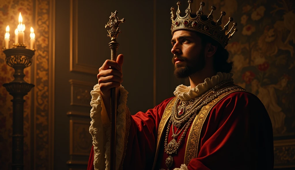 A cinematic and darkly evocative scene depicting Philip of Valois asserting his claim to the French throne, styled in the manner of Edmund Blair Leighton. Philip stands resolute in a richly adorned chamber, illuminated by flickering torches that cast dramatic shadows across his figure. He wears an opulent coronation robe, deep crimson and gold, and holds a regal scepter, symbolizing his authority. His crown, resplendent with intricate jewels, glistens in the dim light, asserting his right to rule. Behind him, a tapestry depicting the French lion and fleurs-de-lis adds to the grandeur, while his steely gaze and determined stance underscore his claim. The mood is one of intense gravity, the dark, moody colors and detailed textures enhancing the sense of a historic moment fraught with political significance., Surrealism, Hyperrealism, UHD, retina, masterpiece, accurate, anatomically correct, textured skin, super detail, 16k