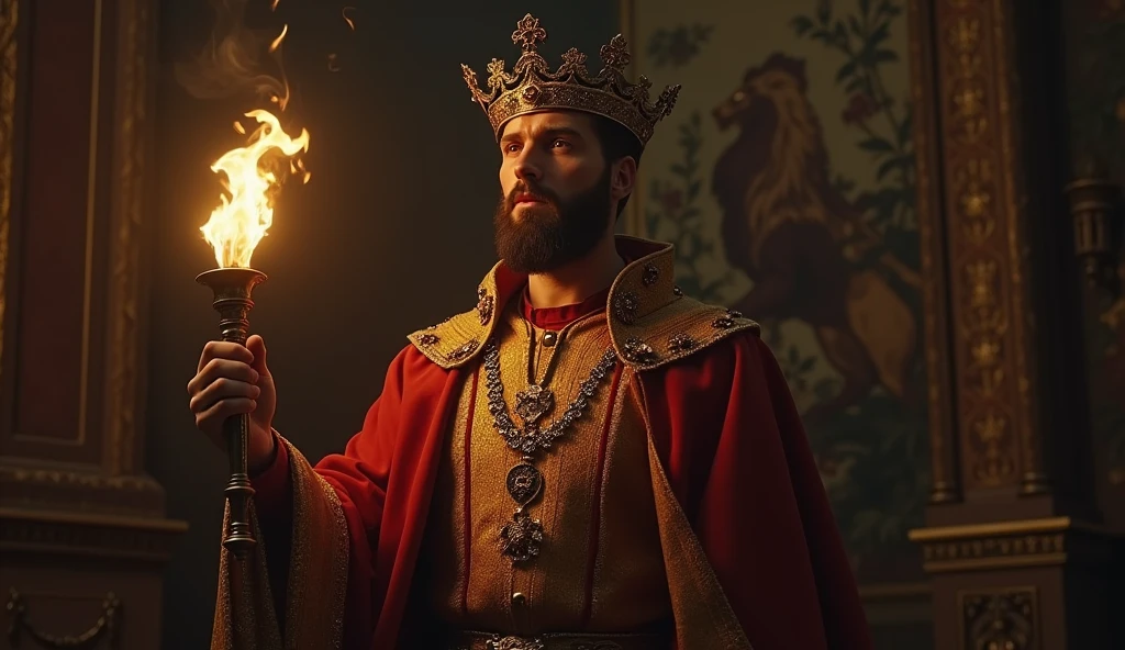 A cinematic and darkly evocative scene depicting Philip of Valois asserting his claim to the French throne, styled in the manner of Edmund Blair Leighton. Philip stands resolute in a richly adorned chamber, illuminated by flickering torches that cast dramatic shadows across his figure. He wears an opulent coronation robe, deep crimson and gold, and holds a regal scepter, symbolizing his authority. His crown, resplendent with intricate jewels, glistens in the dim light, asserting his right to rule. Behind him, a tapestry depicting the French lion and fleurs-de-lis adds to the grandeur, while his steely gaze and determined stance underscore his claim. The mood is one of intense gravity, the dark, moody colors and detailed textures enhancing the sense of a historic moment fraught with political significance., Surrealism, Hyperrealism, UHD, retina, masterpiece, accurate, anatomically correct, textured skin, super detail, 16k