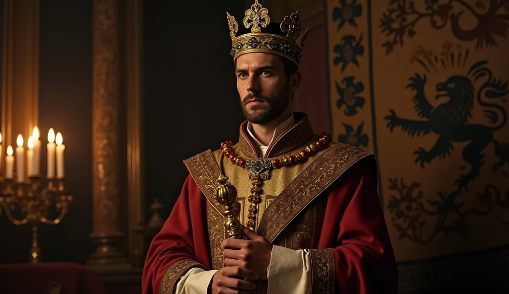 A cinematic and darkly evocative scene depicting Philip of Valois asserting his claim to the French throne, styled in the manner of Edmund Blair Leighton. Philip stands resolute in a richly adorned chamber, illuminated by flickering torches that cast dramatic shadows across his figure. He wears an opulent coronation robe, deep crimson and gold, and holds a regal scepter, symbolizing his authority. His crown, resplendent with intricate jewels, glistens in the dim light, asserting his right to rule. Behind him, a tapestry depicting the French lion and fleurs-de-lis adds to the grandeur, while his steely gaze and determined stance underscore his claim. The mood is one of intense gravity, the dark, moody colors and detailed textures enhancing the sense of a historic moment fraught with political significance., Surrealism, Hyperrealism, UHD, retina, masterpiece, accurate, anatomically correct, textured skin, super detail, 16k