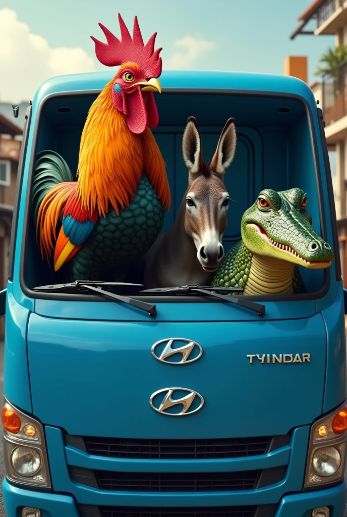 gallo, Crocodile and a donkey in a blue Hyundai Porter truck