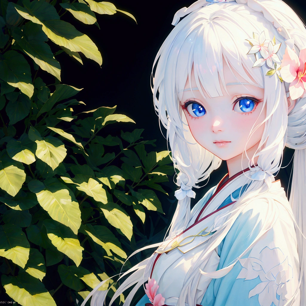 a girl with long white hair and blue eyes standing in front of a tree, trending on cgstation, 🌺 cgsociety, palace ， a girl in hanfu, render of a cute 3d anime girl, cute detailed digital art, cute digital art, 8k)), smooth anime cg art, realistic anime 3 d style, 3d anime girl, beautiful character painting