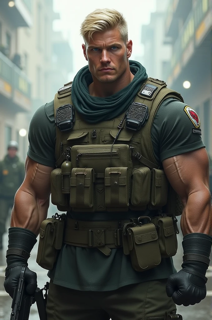 Blond man with blue eyes, gay, manly, athletic body, Soldier, serious