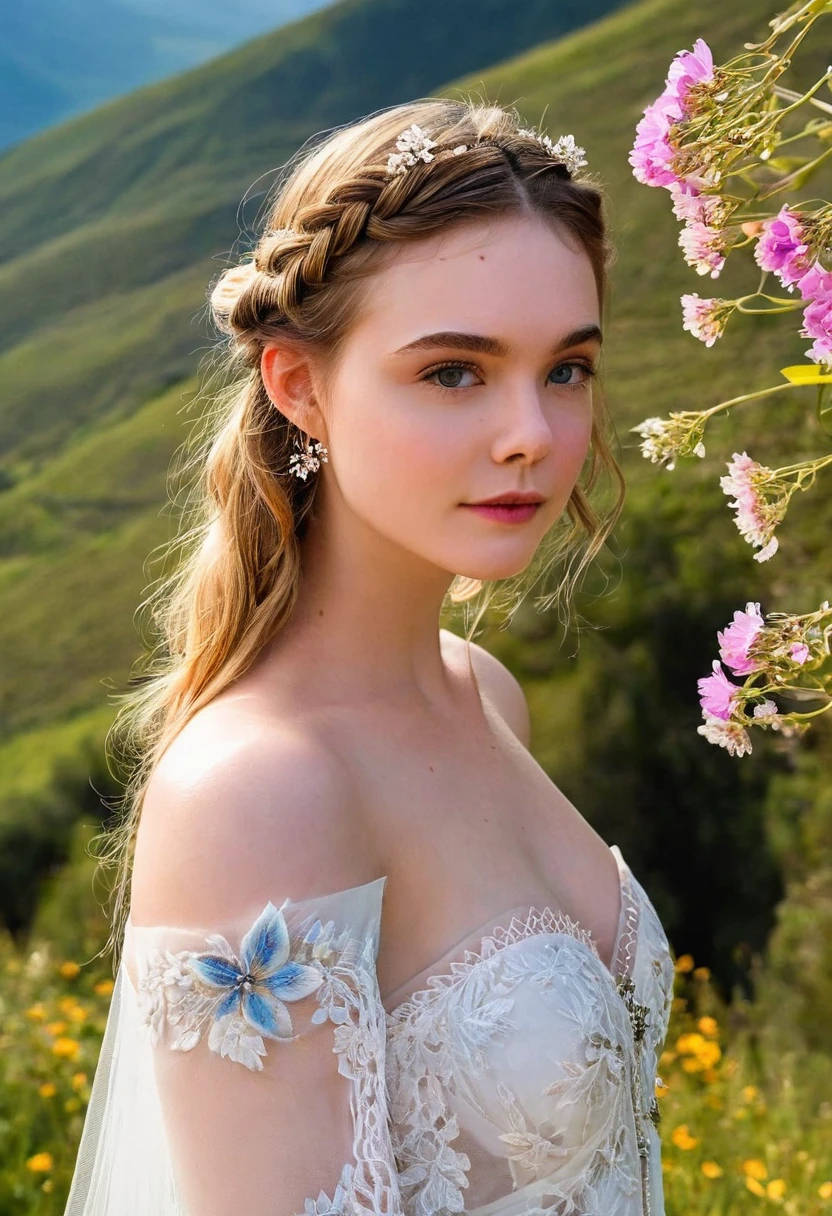 A beautiful young girl stood atop a rocky outcropping, Her long dark brown crown braided hair was swept up in loose curls that tumbled down her back, a subtle hint of makeup accentuated her high cheekbones, full lips, and flawless complexion. As she turned to face the camera, a soft smile played at the corners of her mouth, framing her delicate features and piercing blue eyes overlooking a breathtaking valley below. She wore a flowing wedding dress that billowed gently in the breeze ,the lace was delicately embroidered with tiny flowers and vines, while the hem was adorned with sparkling crystals that caught the light and glimmered like stars. In the foreground, a bed of wildflowers added a pop of color to the scene, with vibrant hues of pink, purple, and yellow. Bees buzzed lazily from blossom to blossom, collecting nectar in the golden light of the setting sun. The sun was setting behind the mountains, casting a warm orange glow across the vast landscape.