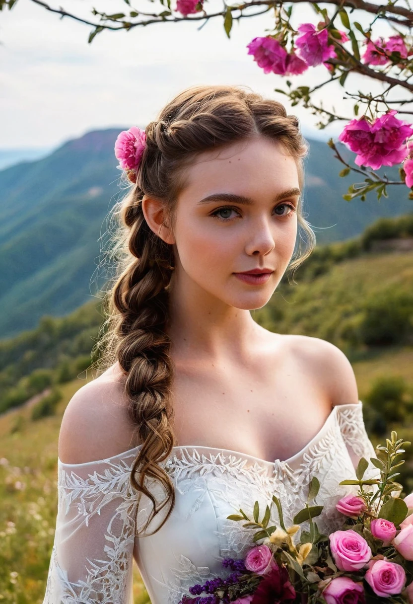 A beautiful young girl stood atop a rocky outcropping, Her long dark brown crown braided hair was swept up in loose curls that tumbled down her back, a subtle hint of makeup accentuated her high cheekbones, full lips, and flawless complexion. As she turned to face the camera, a soft smile played at the corners of her mouth, framing her delicate features and piercing blue eyes overlooking a breathtaking valley below. She wore a flowing wedding dress that billowed gently in the breeze ,the lace was delicately embroidered with tiny flowers and vines, while the hem was adorned with sparkling crystals that caught the light and glimmered like stars. In the foreground, a bed of wildflowers added a pop of color to the scene, with vibrant hues of pink, purple, and yellow. Bees buzzed lazily from blossom to blossom, collecting nectar in the golden light of the setting sun. The sun was setting behind the mountains, casting a warm orange glow across the vast landscape.