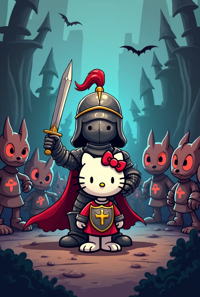 Generate Snoopy and Hello Kitty Snoopy is wearing a knight&#39;s armor and is protecting Kitty from the creepy demons and gargoyles of hell and he looks cartoonish 
