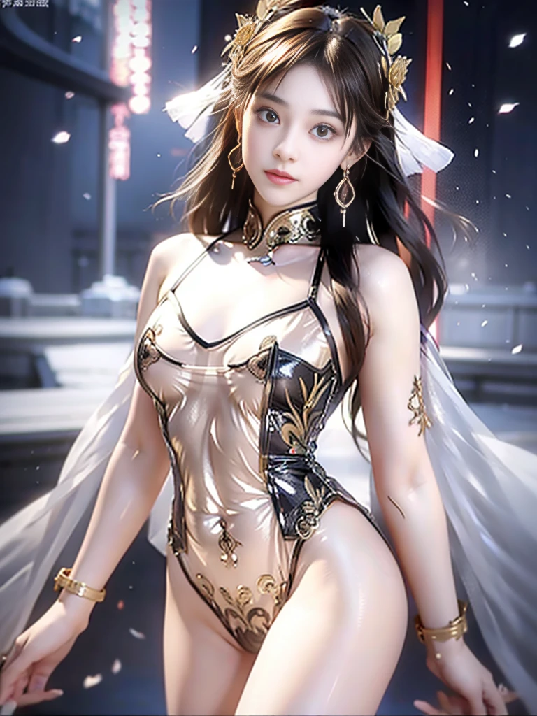 ((night,  city View, rain)), ((8K Ultra HD, 8K, Ultra-high resolution, best quality, masterpiece, Surrealism, Digital SLR Camera, Soft Light, Bokeh, Masterpieces)), ((Creating the image of a real girl), warm light, Realistic shadows, Dynamic poses, Elegant Posture, Cowboy lens, Full body front view, Be confident, Facing the camera, Glasses looking towards camera lens, Standing posture, Open your legs slightly, Golden Ratio Graphics, Minimalism), (Happy smile, Big watery eyes, Cherry Blossom, Balanced Eyes, Perfect beautiful face, Normal facial features, Realistic skin, Attention to skin details, Skin is clean and radiant, Whitening, Anatomically correct body, 沙漏型figure, figure, cosmetic, Gloves, earrings, bracelet, necklace, Jewelry, veil, Hair accessories, Headdress, shawl), ((beautiful hair), Reddish-brown hair, Wavy curly hairstyle, Waist-length hair, Messy Hairstyle, Gradient hairstyles, Cyberpunk hairstyle), ((Transparent clothes：2.0), (Color of clothes: Red and white), Ultra-transparent sci-fi clothes), (Sexy的, Perfect breast shape, Teardrop chest shape, Snow-white breasts, very detailed breasts, 36C cups), (Super high waist, Deep V, Low-cut, Sexy, Flattering, Open crotch, (Camel toe, High fork strangulation)), (sock, Knee socks, 吊garter, Leg ring, garter, 腿部garter), (style:Sexy,Mature), A woman, Normal limbs, Normal body parts. Normal cut clothes, Wearing revealing clothing