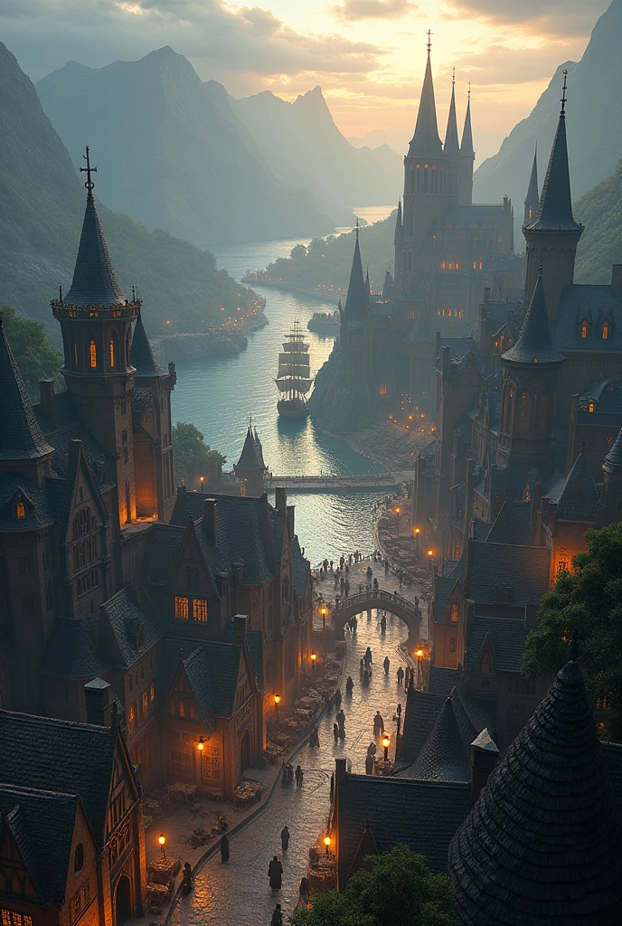 "Create a sprawling, epic medieval fantasy city set on the edge of a vast, shimmering lake surrounded by towering mountains. The city is a marvel of ancient architecture, with towering stone walls, majestic castles, and grand towers that reach towards the sky. The streets are bustling with medieval life: knights in shining armor, merchants selling exotic goods in a crowded marketplace, and townsfolk going about their daily routines. The city is divided into several districts, each with its own unique style—noble mansions with intricate carvings, quaint cobblestone alleys lined with glowing lanterns, and a vast central plaza with a magnificent fountain at its heart. In the distance, a grand cathedral with stained glass windows stands on a hill, its spires piercing the clouds. The sky is painted with hues of orange and pink as the sun sets, casting a warm glow over the entire scene. Dragons can be seen flying above, while ships with billowing sails arrive at the busy harbor, adding to the grandeur and mystique of this fantasy world. rainy cityscape, dark and moody atmosphere, cinematic lighting, dramatic camera angle, highly detailed, photorealistic, 8k, (best quality,4k,8k,highres,masterpiece:1.2),ultra-detailed,(realistic,photorealistic,photo-realistic:1.37)