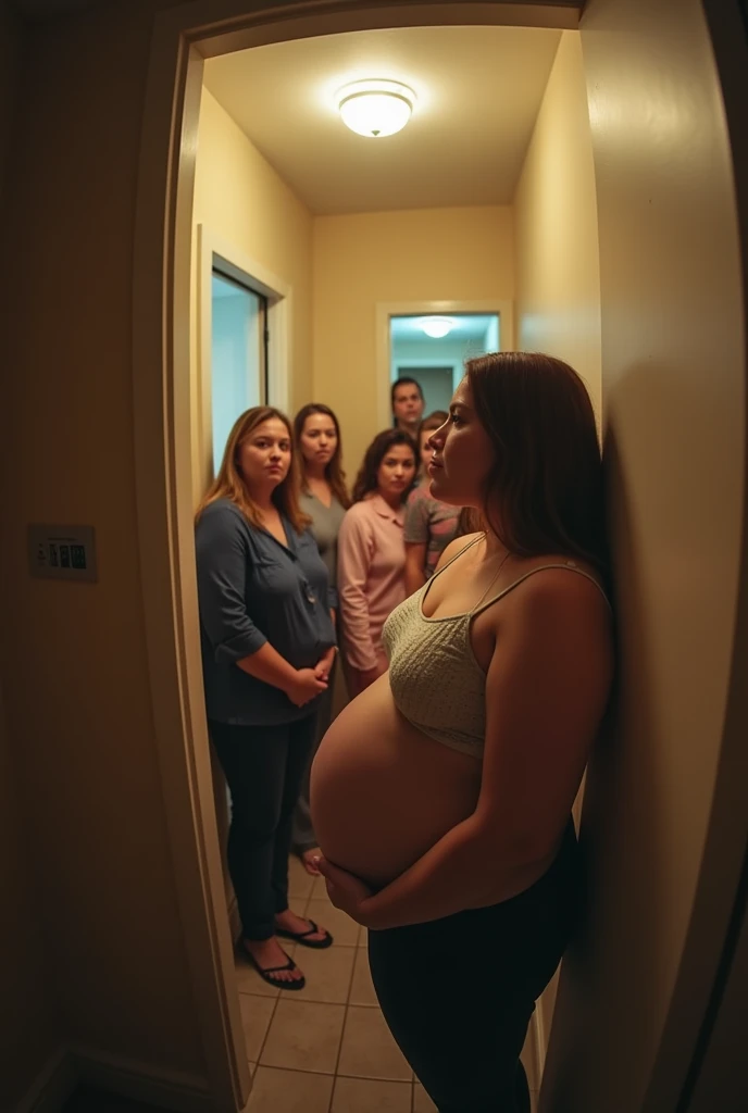 Pov of your eyes when the pregnant plus size stepmother with a big belly is competing with other women in a narrow room.. fisheye camera view, iphone camera style. 8k hd, realface, cinematic