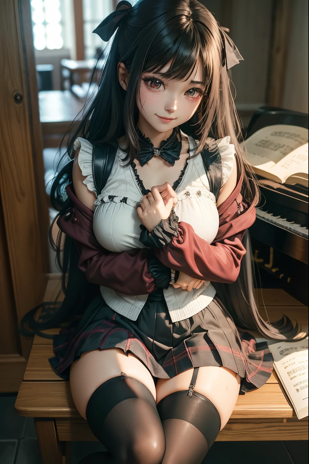 very cute and beautiful girl,(highly detailed beautiful face and eyes:1.2), (smile:1.2),blush,black hair,cowboy shot,looking at viewer,kneeling, (classic brown plaid lolita dress with detailed frills),detailed lace,(skirt lift,white panties), altar,church,indoors, (best quality,masterpiece:1.2),absurdres,highres,ultra-detailed,extremely detailed,32k,8k resolution, intricate details,cinematic scene,detailed background,solo,dynamic angle,