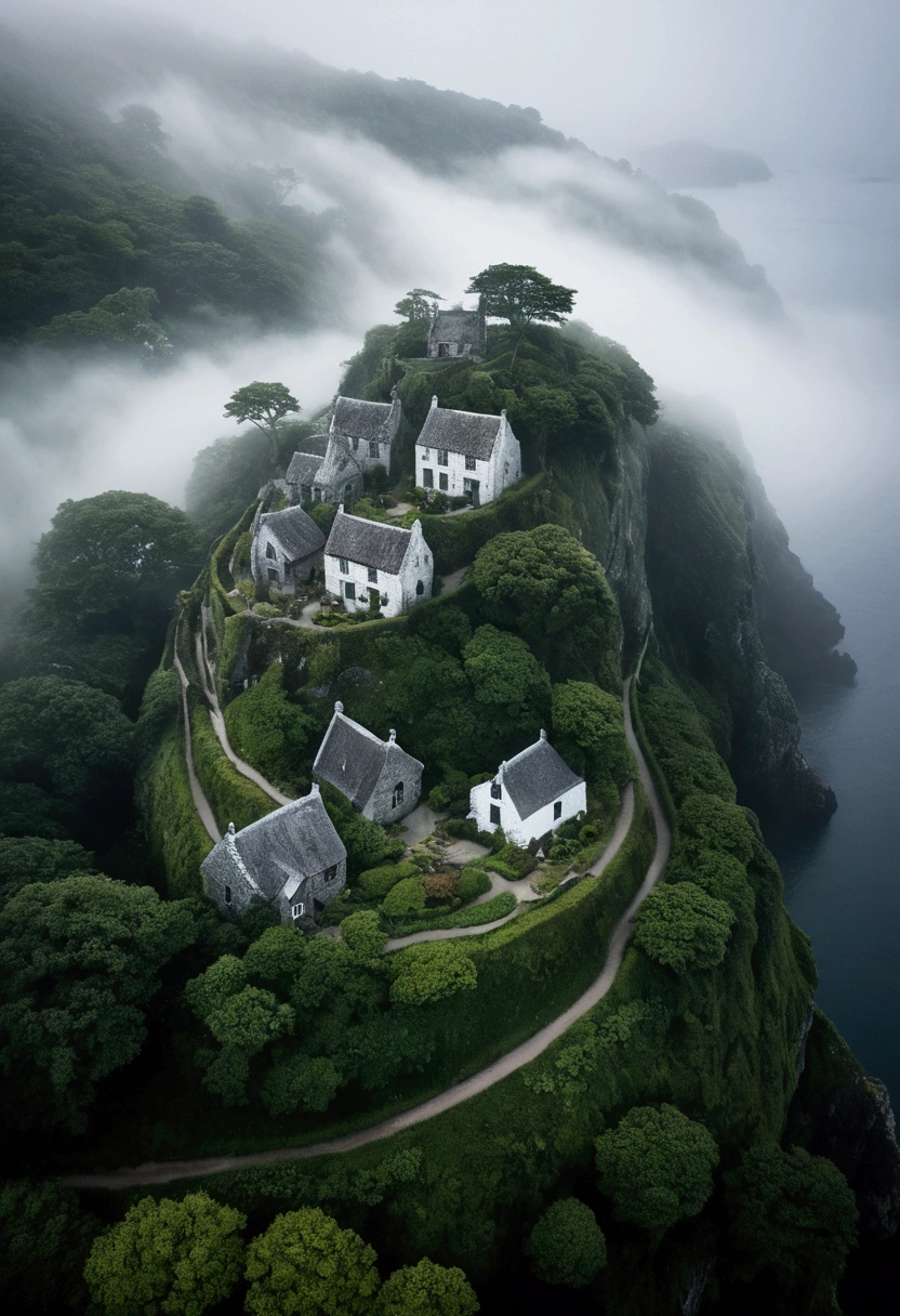 Create an aerial view of an island enveloped in thick, swirling mist, with the faint outlines of a small, secluded village barely visible through the fog. The rooftops of quaint cottages and narrow, winding paths emerge from the mist, surrounded by dense, dark forests and rugged cliffs. The village looks ancient and mysterious, as if time has forgotten it. The surrounding waters are dark and calm, adding to the sense of eerie isolation. The overall atmosphere is haunting and mystical, suggesting that the village holds deep secrets hidden within the shrouded island.