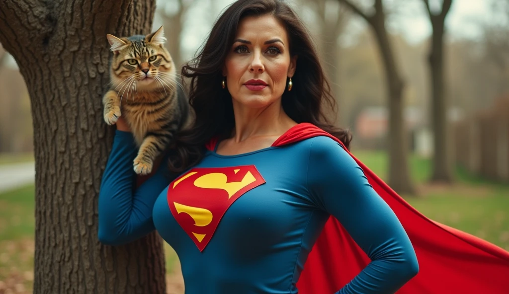 (((very beautiful old Supergirl (((1980s Superman costume))) Julie Hagerty(((dark-haired, large-breasted woman in her 50s)))) Super woman Julie Hagerty; confident, powerful, indestructible, attractive; big and firm chest; strong breasts; arms crossed, salvando um gato de uma arvore; arms of a strong woman. HD. Photograph, ((realism)), extremely high quality RAW photograph, ultra detailed photograph, sharp focus, high resolution, (detailed skin:1,3),high quality, film grain, Fujifilm XT3,Highly Detailed, movie, (Cinematic Photo:1.3) of (Realistic:1.3)