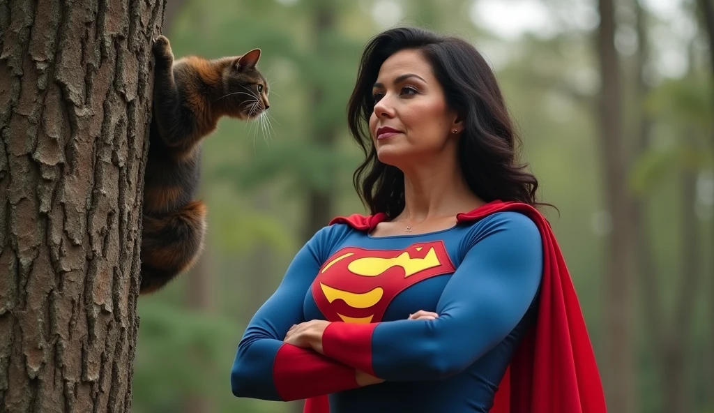 (((very beautiful old Supergirl (((1980s Superman costume))) Julie Hagerty(((dark-haired, large-breasted woman in her 50s)))) Super woman Julie Hagerty; confident, powerful, indestructible, attractive; big and firm chest; strong breasts; arms crossed, salvando um gato de uma arvore; arms of a strong woman. HD. Photograph, ((realism)), extremely high quality RAW photograph, ultra detailed photograph, sharp focus, high resolution, (detailed skin:1,3),high quality, film grain, Fujifilm XT3,Highly Detailed, movie, (Cinematic Photo:1.3) of (Realistic:1.3)
