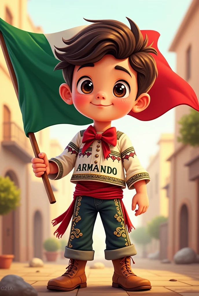 a cartoon,boy with short side hair,medium brown, charro dress that says the name called "Armando" In uppercase,referring to the independence of Mexico,with his hand holding the Mexican flag