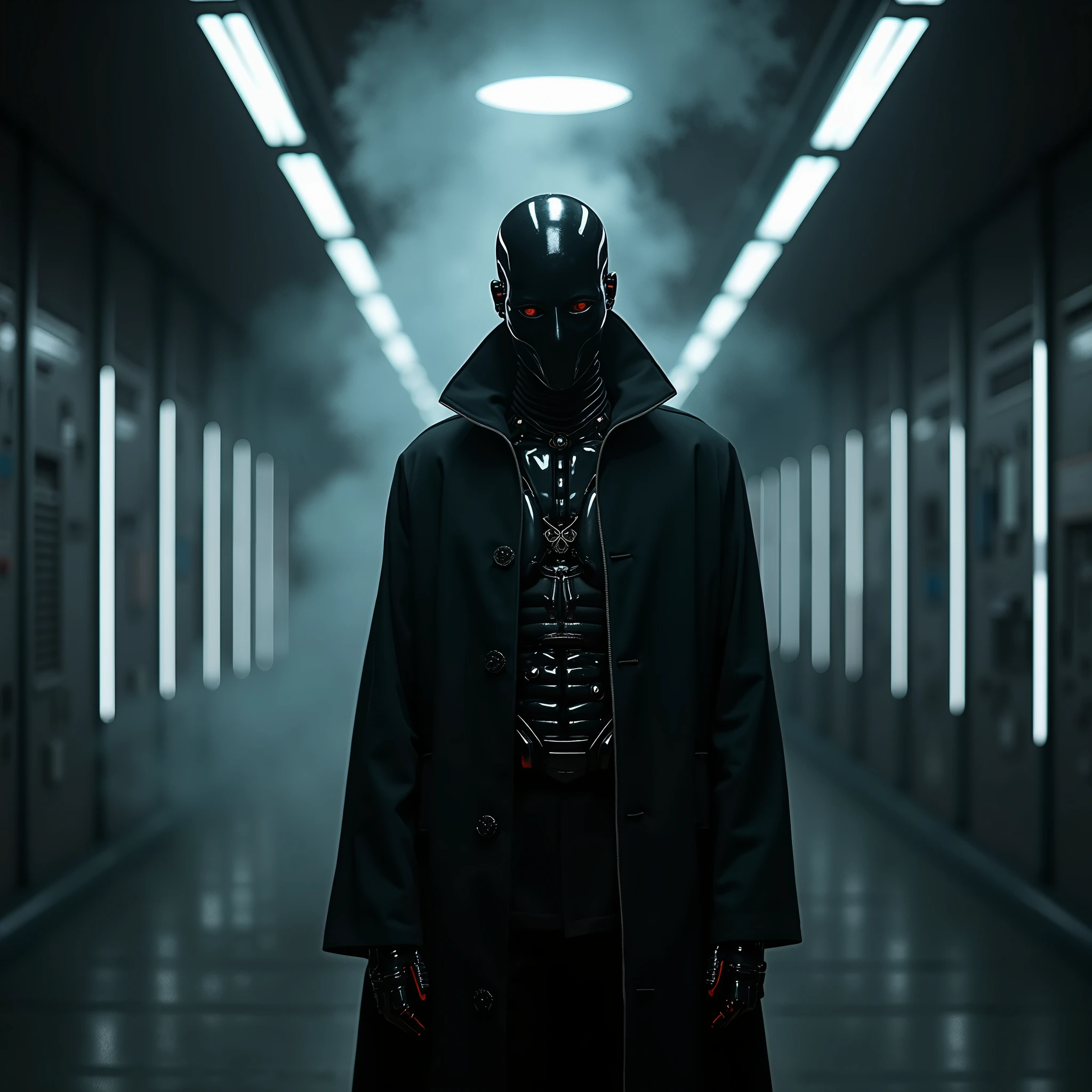 this is a very artistic and smart creation of a music album art desing. the tracks and the concept are related of techno music with a robotic , vampyric, gothic concept.. the main character is a black painted male vampyre-cyberpunk robot, 8192k , UHD, cinematic realistic lighting, artistic night view photo taken with a professional canon camera with next parameters : ISO 6400, f / 1.8 , speed range 1/60, led white lights on the bacground, black scary and smoky background