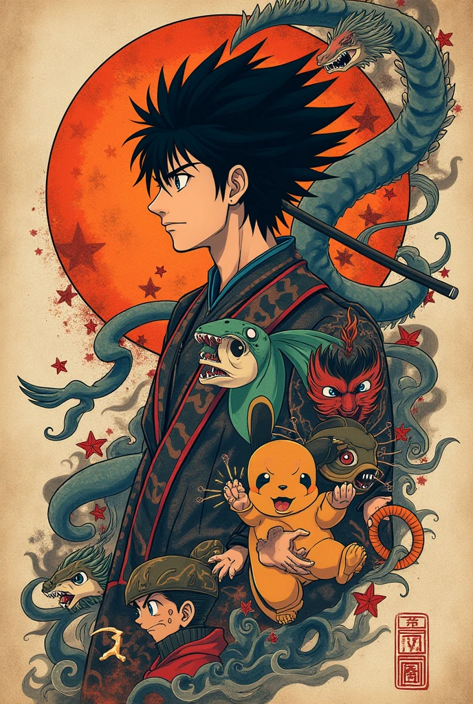 create an image that is a tattoo, involving the following drawings: shurato, yu yu hakusho, pokemon, dragon ball them naruto.