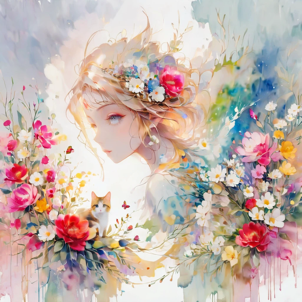 A colorful Takashi Murakami-inspired abstract design, 1cat,  colorful , simple line art, funny design,  best quality,water color paint, 8k, highres, masterpiece, ultra-detailed, realistic, photo-realistic, HDR, uhd, vivid colors, surreal, psychedelic handwritten style