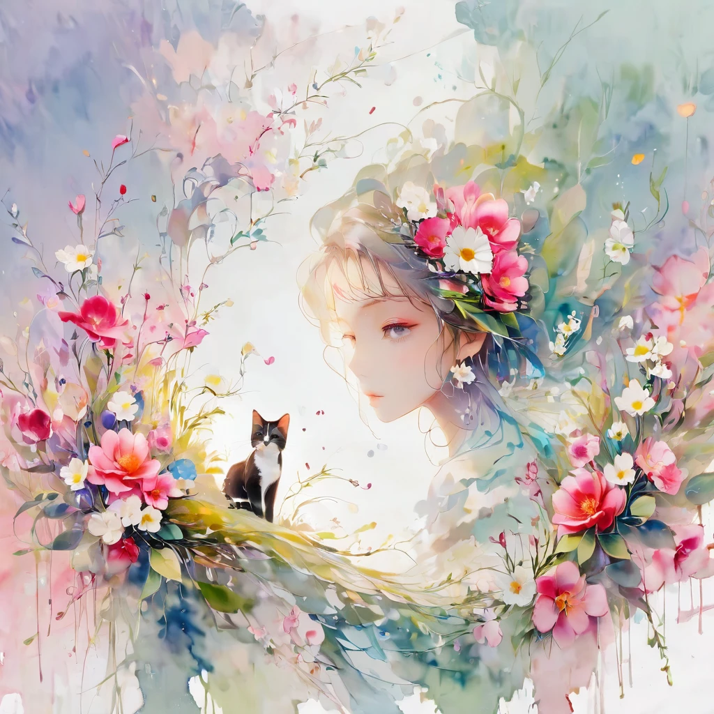 A colorful Takashi Murakami-inspired abstract design, 1cat, colorful , simple line art, funny design, best quality,water color paint, 8k, highres, masterpiece, ultra-detailed, realistic, photo-realistic, HDR, uhd, vivid colors, surreal, psychedelic handwritten style