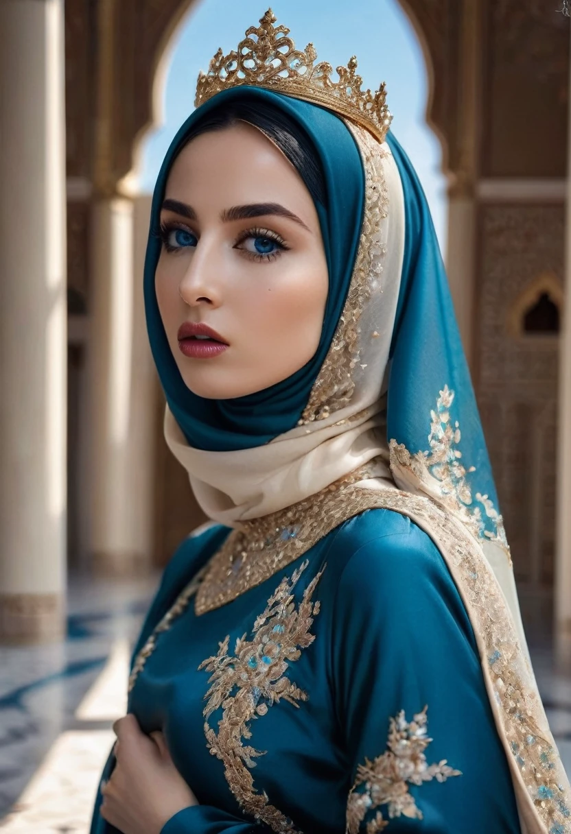 a woman wearing a hijab, abaya, luxury hijab, crown luxury, masterpiece,Best quality at best,A high resolution,8K,((Portrait)),(upper front body),Original photo,real photograph,digital photograph,blue eye,open kissing lips,Keep your mouth shuegant and charming,((Blushing)),virgin contempt, fighting style, palace background, slim body, very small waist,