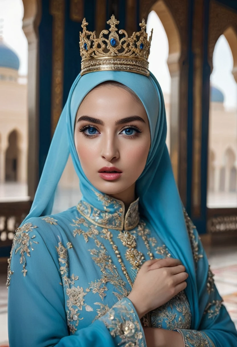 a woman wearing a hijab, abaya, luxury hijab, crown luxury, masterpiece,Best quality at best,A high resolution,8K,((Portrait)),(upper front body),Original photo,real photograph,digital photograph,blue eye,open kissing lips,Keep your mouth shuegant and charming,((Blushing)),virgin contempt, fighting style, palace background, slim body, very small waist,