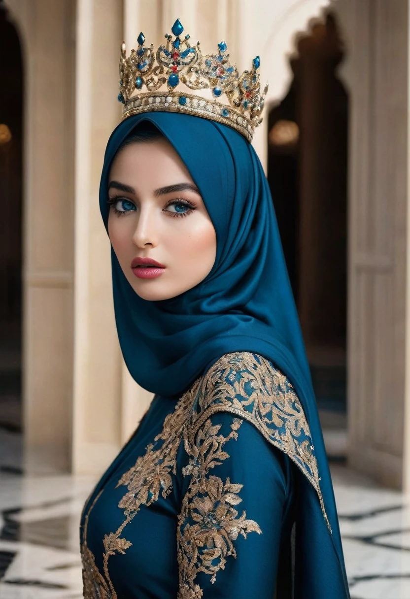 a woman wearing a hijab, abaya, luxury hijab, crown luxury, masterpiece,Best quality at best,A high resolution,8K,((Portrait)),(upper front body),Original photo,real photograph,digital photograph,blue eye,open kissing lips,Keep your mouth shuegant and charming,((Blushing)),virgin contempt, fighting style, palace background, slim body, very small waist,