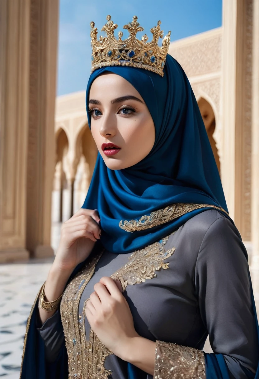 a woman wearing a hijab, abaya, luxury hijab, crown luxury, masterpiece，Best quality at best，A high resolution，8K，((Portrait))，(upper front body)，Original photo，real photograph，digital photograph，blue eye，open kissing lips，Keep your mouth shuegant and charming，((Blushing))，virgin contempt, fighting style, palace background, slim body, very small waist,