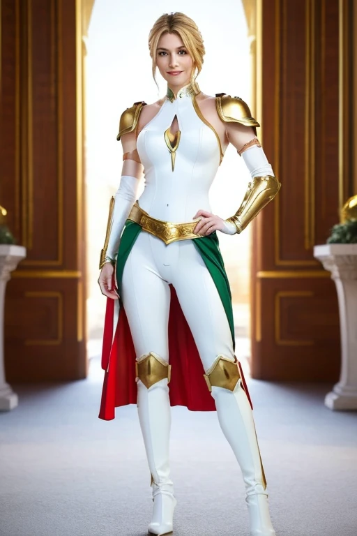 ((Full body photo, Are standing, Put your feet on the floor)) 8k,Tall Female Royal Paladin,so beautiful(Like the real thing),Blonde curly hair,smile,Green Eyes,Gorgeous red and white breastplate,Luxury White Combat Pants,Muscular and slim body,Toned Up ,masterpiece,Photorealistic RAW photos of the highest quality。Bright colors,Rich colors, Backlight, Cinema Lighting, Film Grain, to be born, 50mm lens, Nikon D850,Realistic Skin,Fantasy art,Character Art,Ultra-high resolution,Realistic scale skins,Perfect hand shape,View your audience,Royal Palace Courtyard,length, Silver sword on his waist.,Luxurious white shoulder pads,Luxury White Gauntlets,luxurious white waist armor,Luxurious white leg armor,compensate,smile,